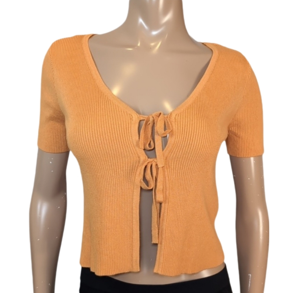 Twik Apricot Tie-Front Cardigan Womens Size Small Short Sleeve Ribbed Knit